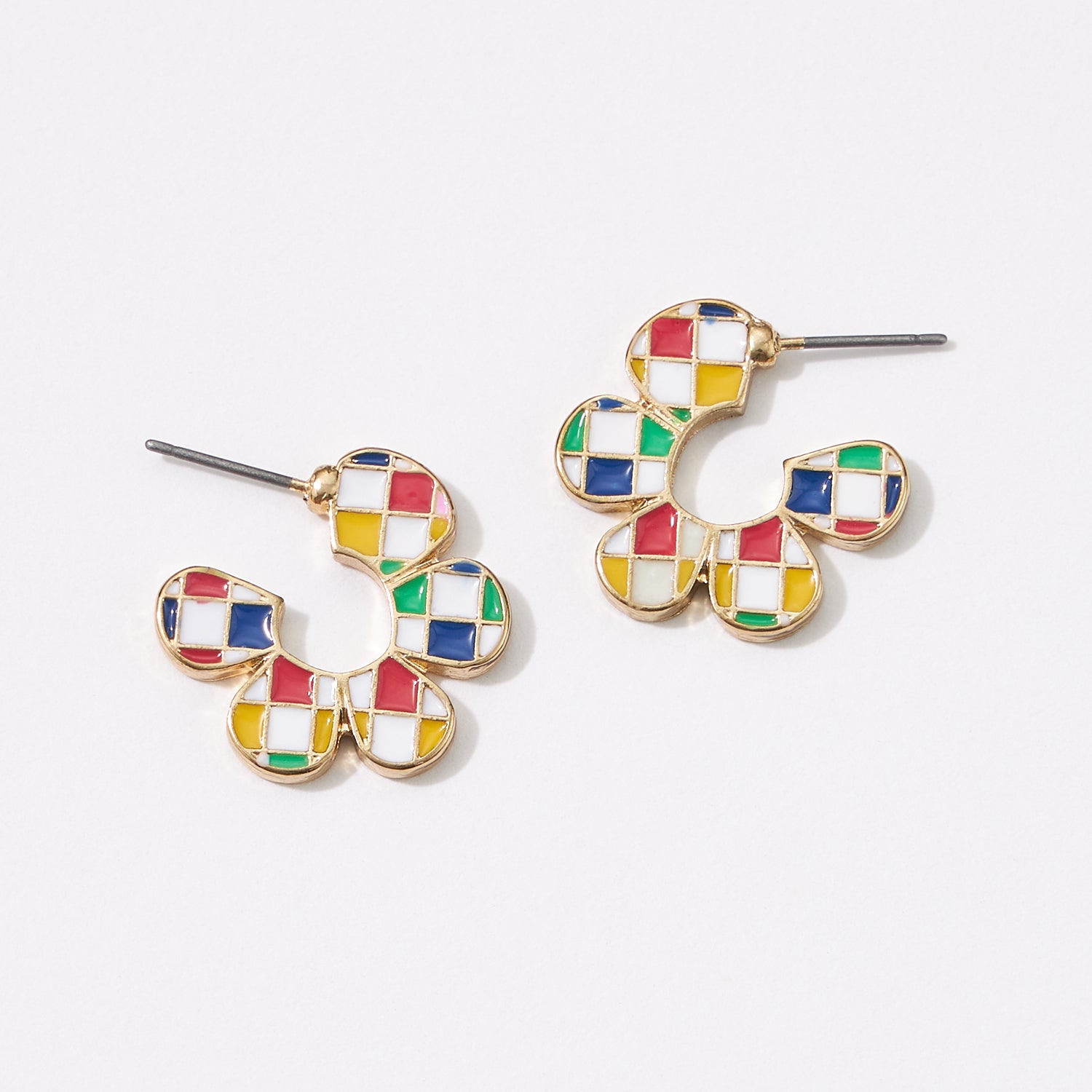 Square Checkered Flower Shape Hoop Earrings