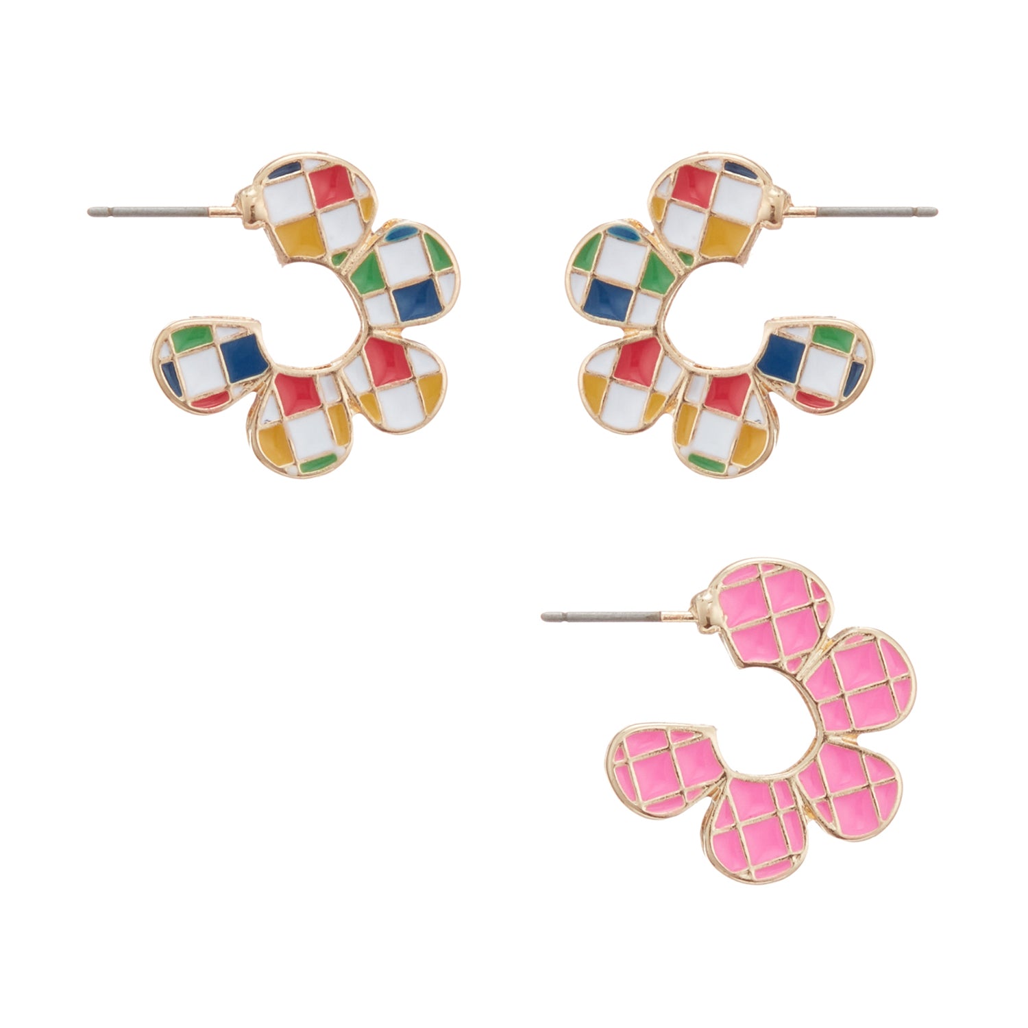 Square Checkered Flower Shape Hoop Earrings