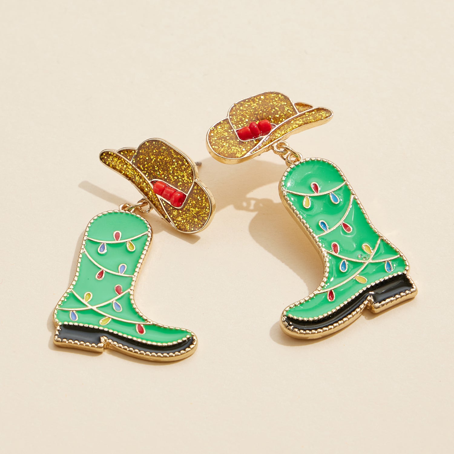 Holiday Cowboy Boot Earrings with Festive Hat Accents