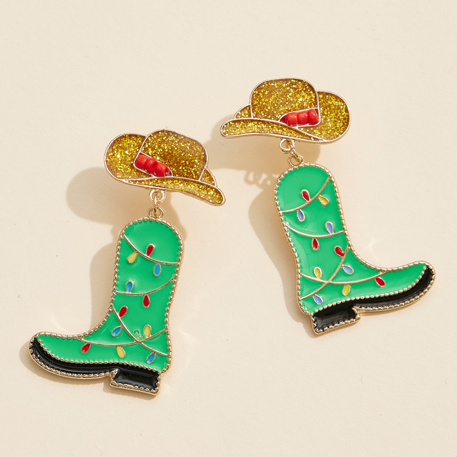 Holiday Cowboy Boot Earrings with Festive Hat Accents
