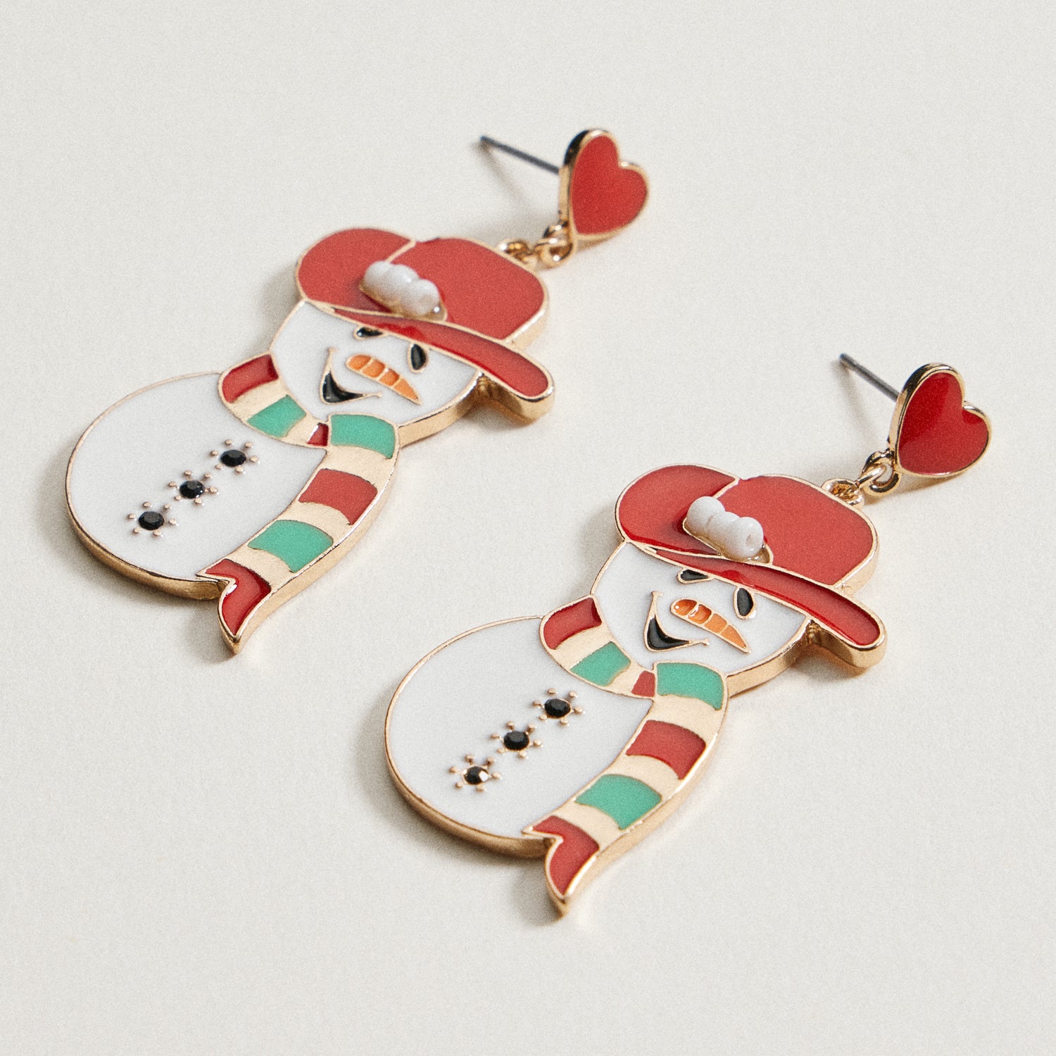 Snowman Heart Dangle Earrings | Enamel Christmas Holiday Earrings