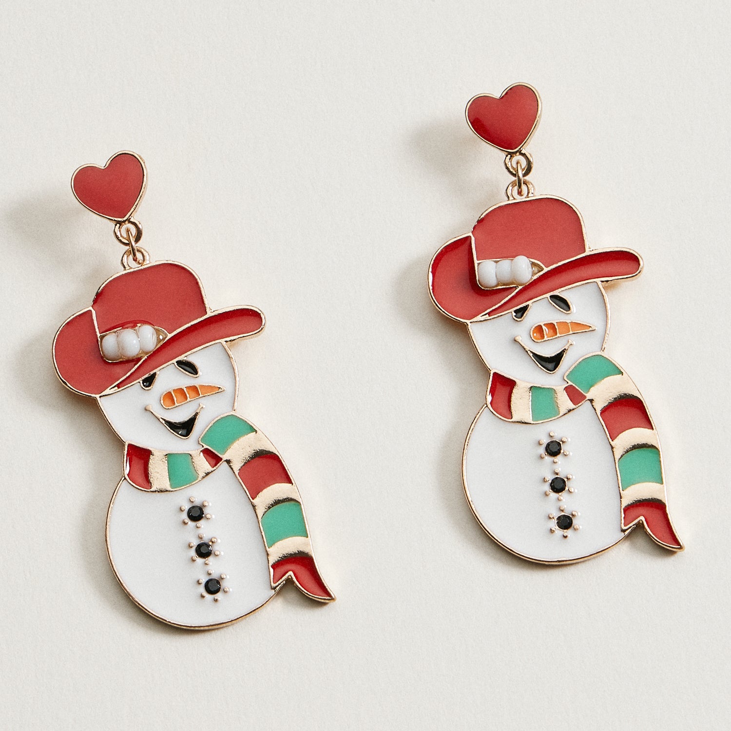 Snowman Heart Dangle Earrings | Enamel Christmas Holiday Earrings