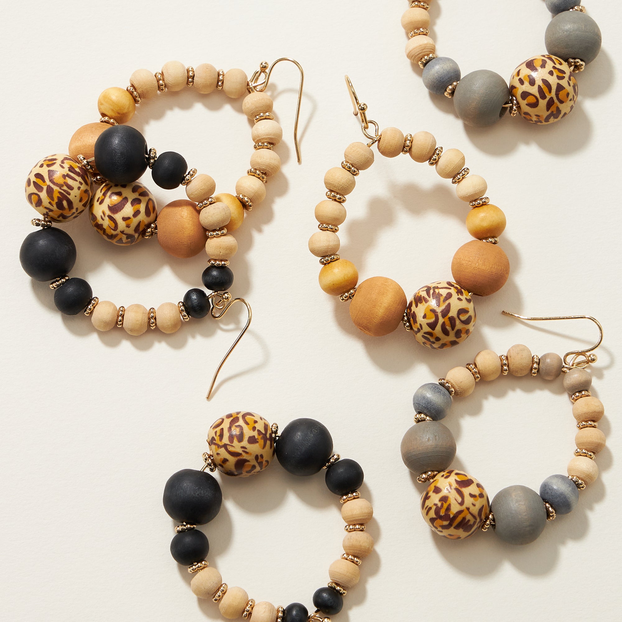 Animal Print Wood Bead Teardrop Earrings