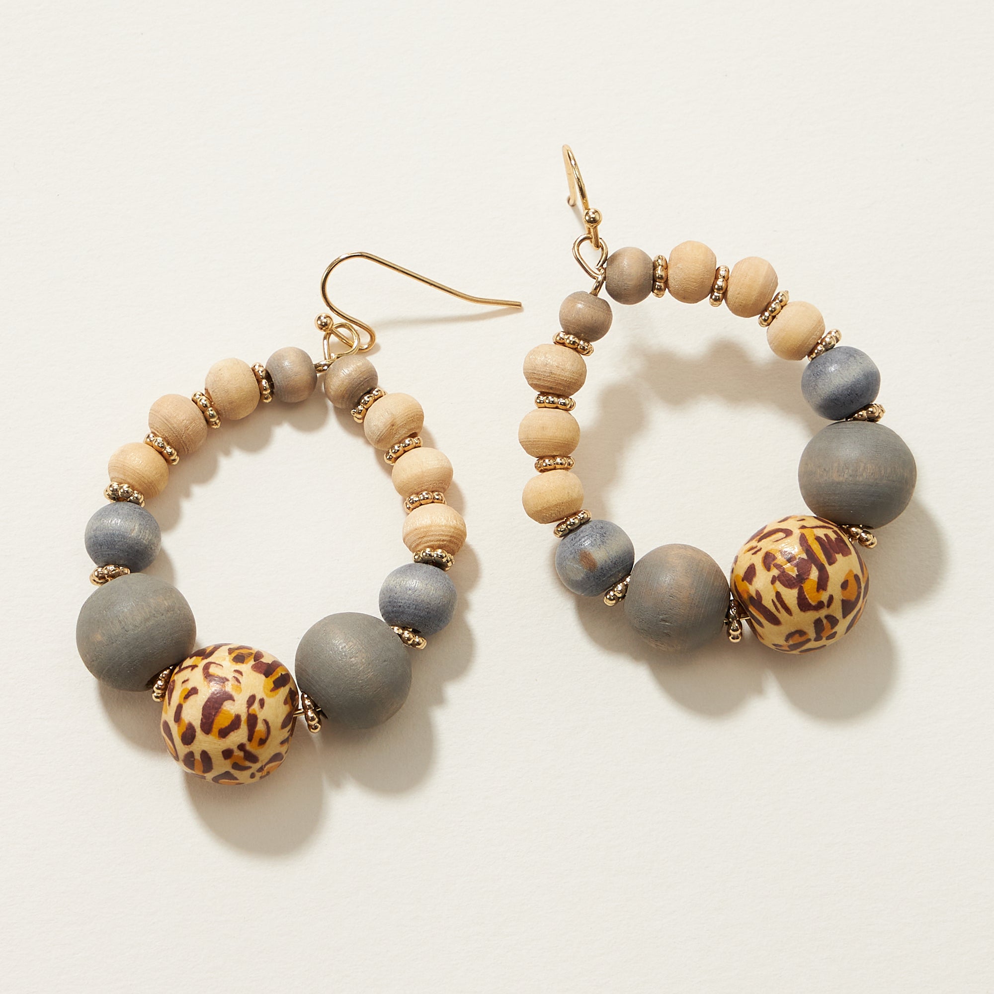 Animal Print Wood Bead Teardrop Earrings