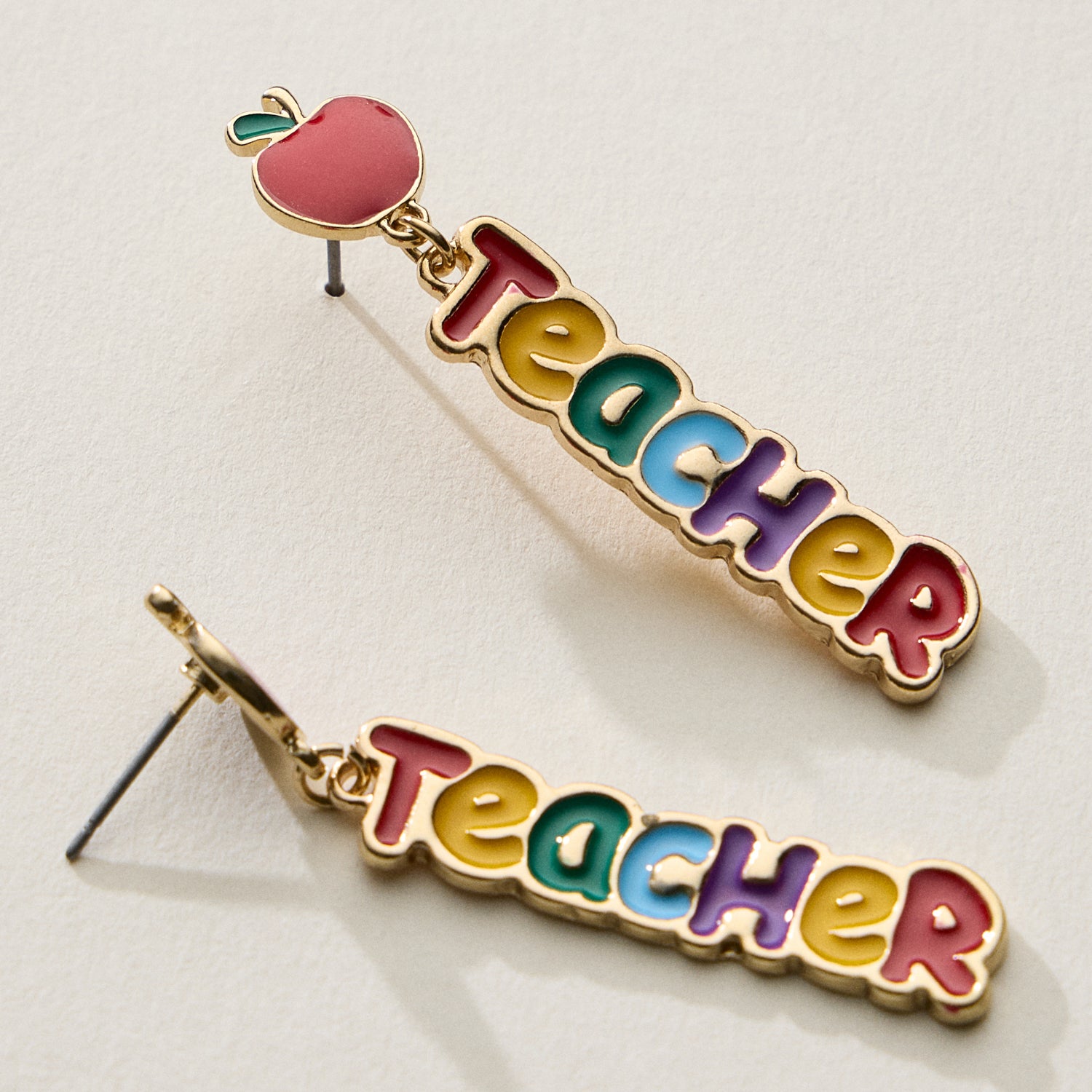 Rainbow Teacher Enamel Drop Earrings with Apple Stud
