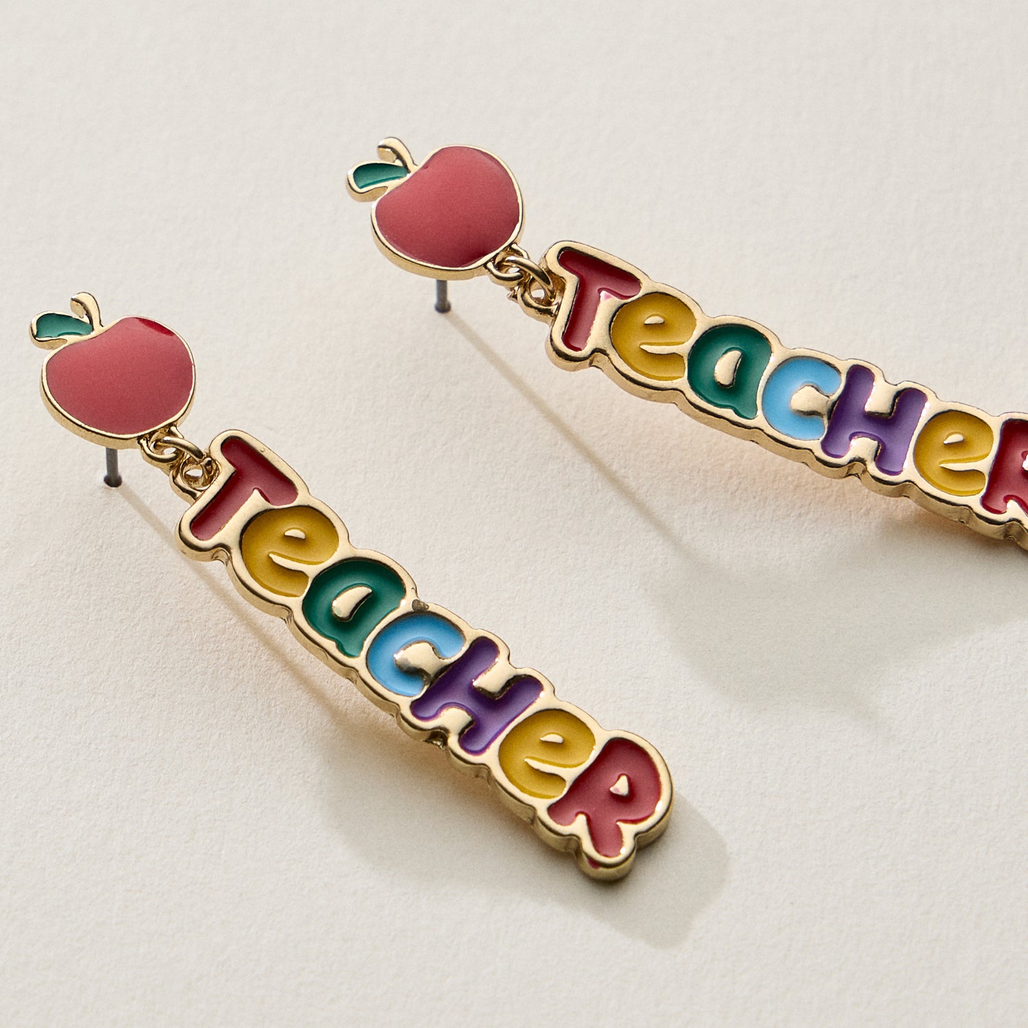 Rainbow Teacher Enamel Drop Earrings with Apple Stud