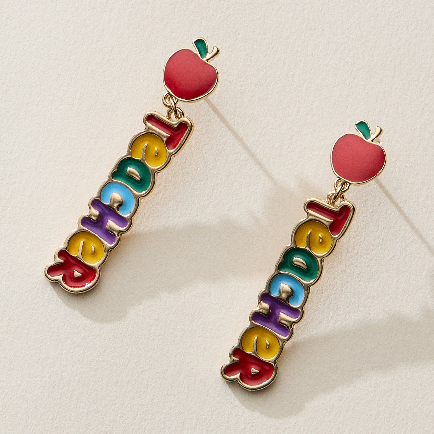 Rainbow Teacher Enamel Drop Earrings with Apple Stud