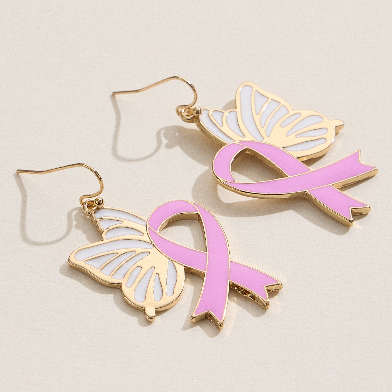 Butterfly Enamel Earrings with Pink Ribbon Detail