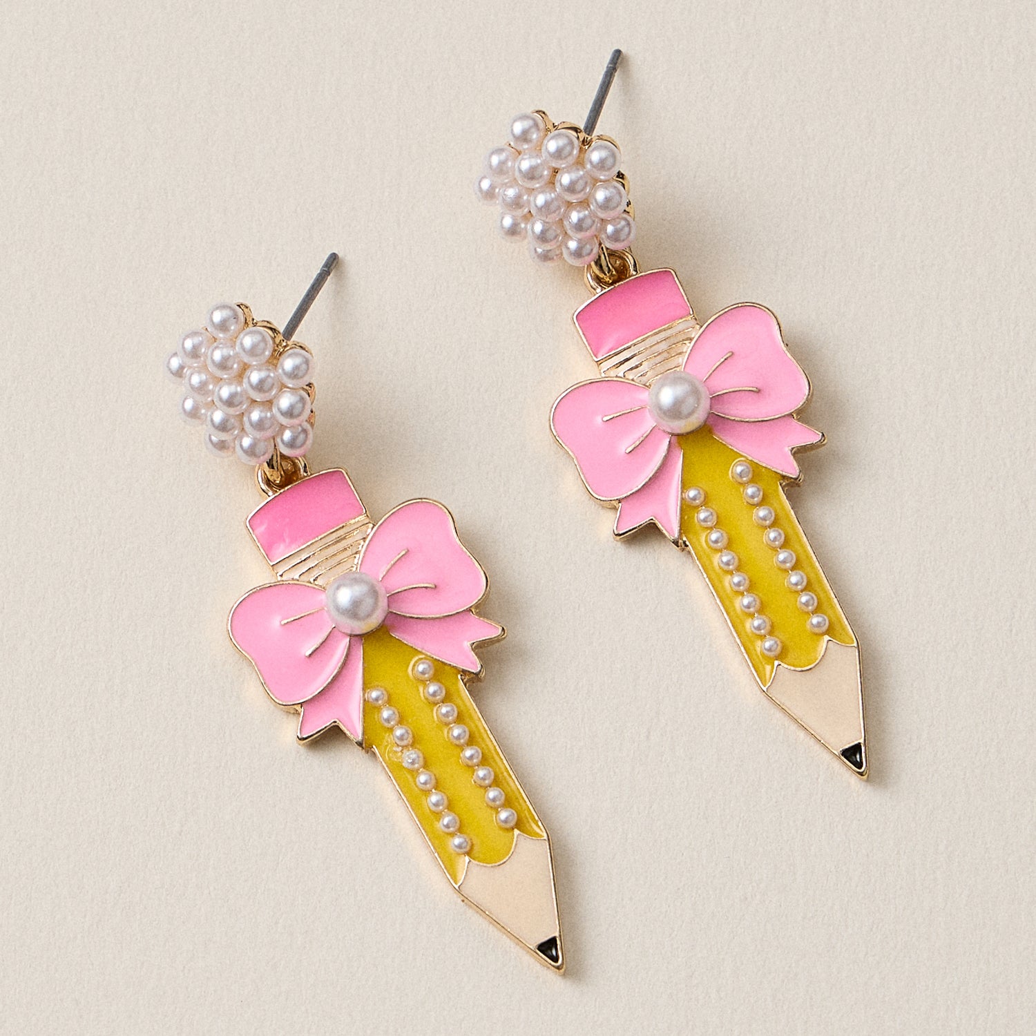 Pencil and Bow Pearl Earrings