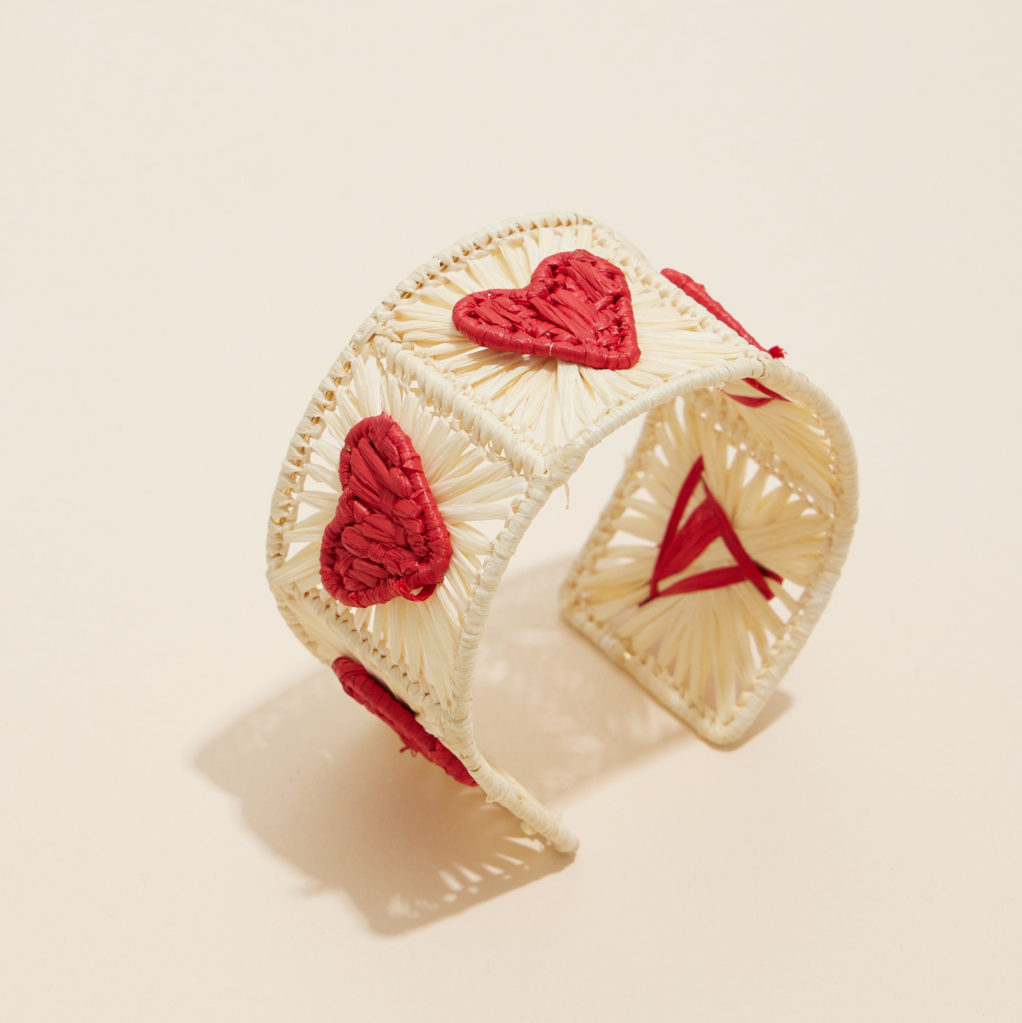 Open Cuff Raffia Bracelet with Heart Pattern