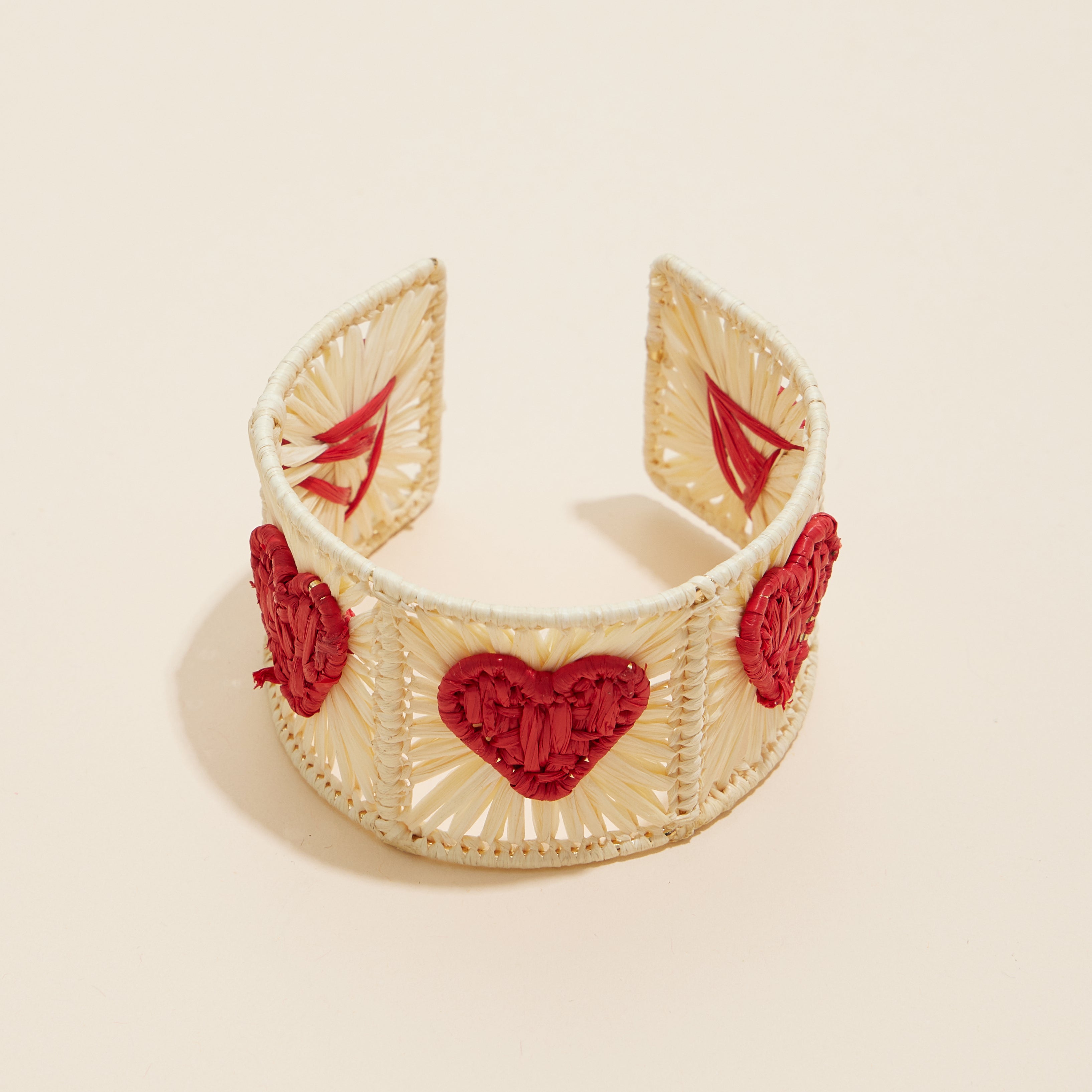 Open Cuff Raffia Bracelet with Heart Pattern