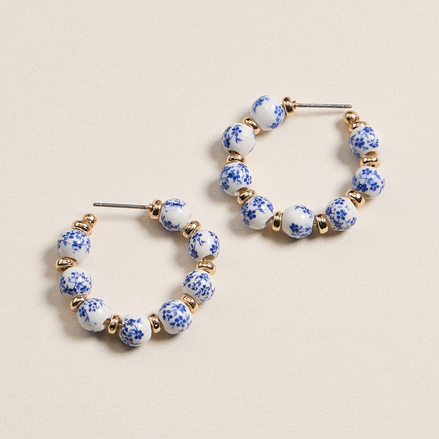 Elegant Blue Floral Ceramic and Gold Hoop Earrings