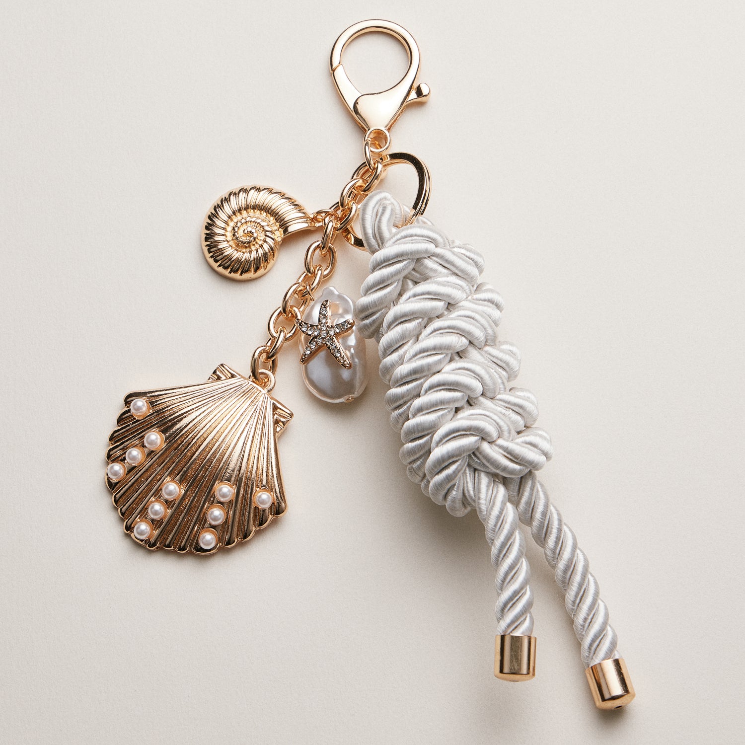 Gold Coastal Charm Keychain—Shell Pearl Starfish