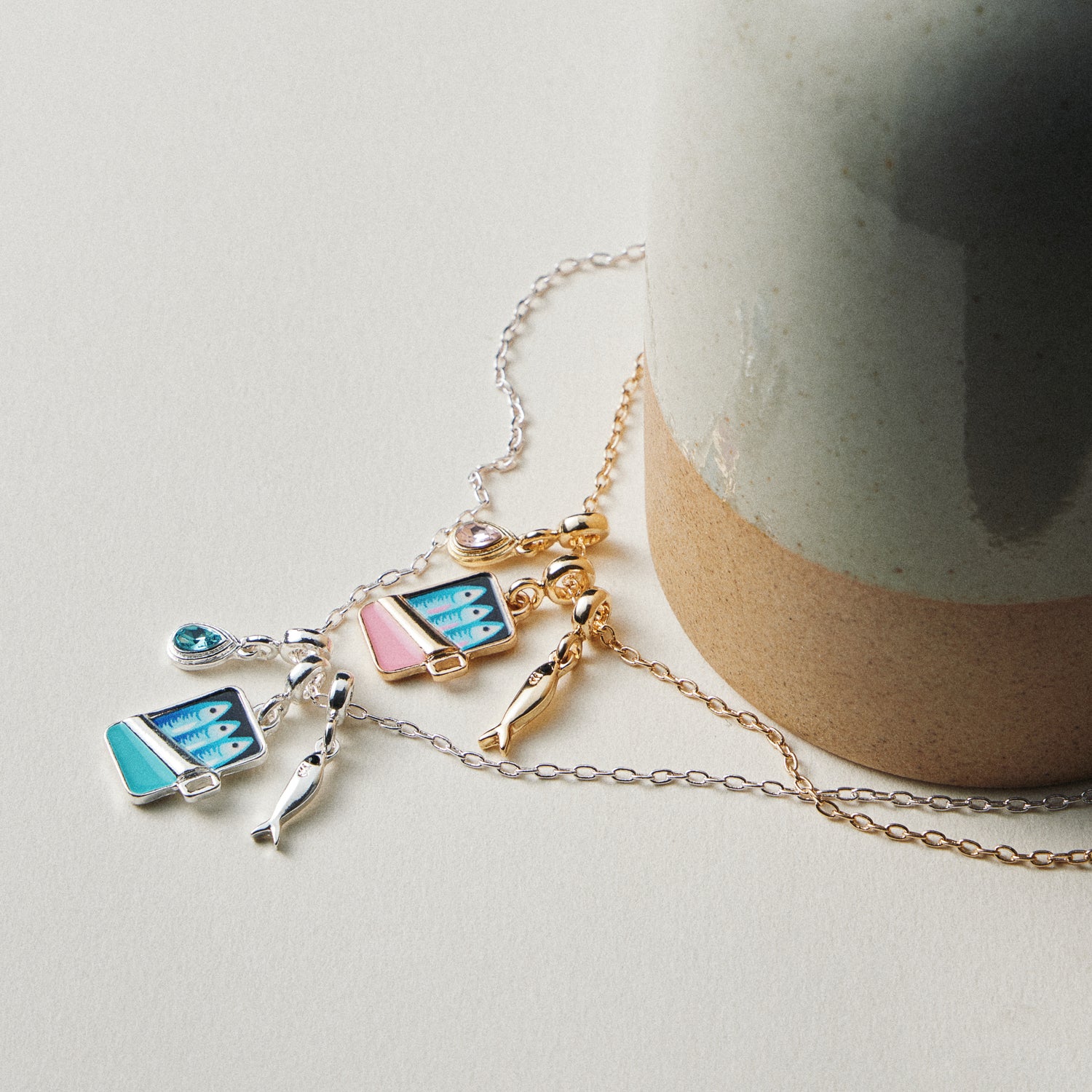Gold Plated Fish Sardine Can Coastal Charm Necklace