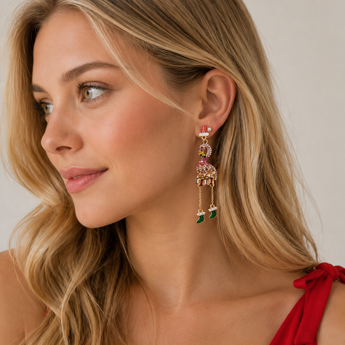 Rhinestone Flamingo Dangle Earrings | Christmas Stocking Charms