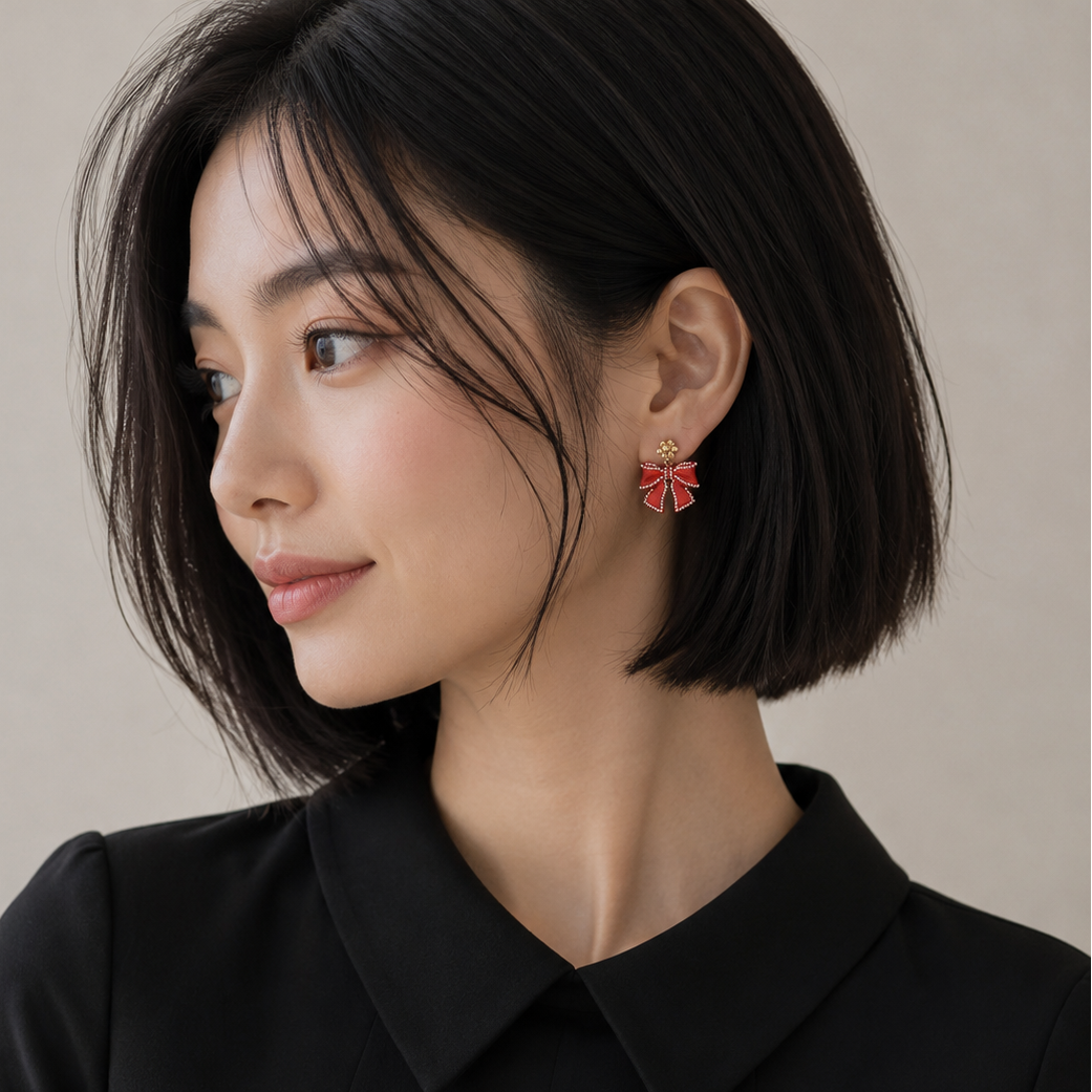 Christmas Bow Enamel | Pearl Trimmed Dangling Earrings