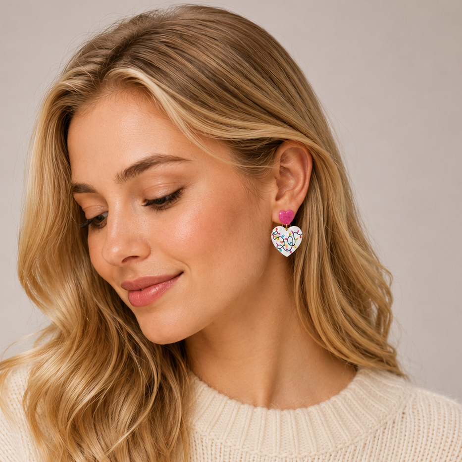 Heart Christmas Lights Dangle Earrings | Glitter Acetate Earrings