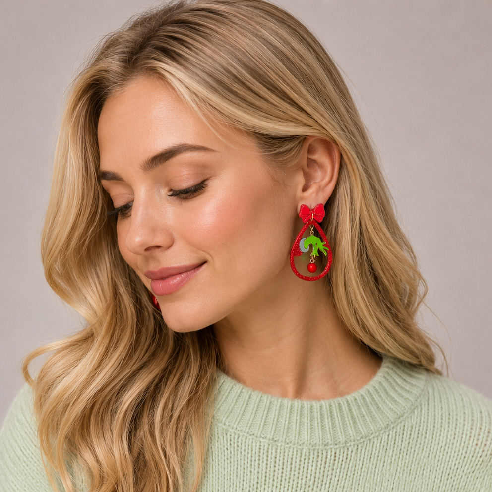 Green Monster Hand Dangle Earrings | Christmas Bow Acetate Earrings