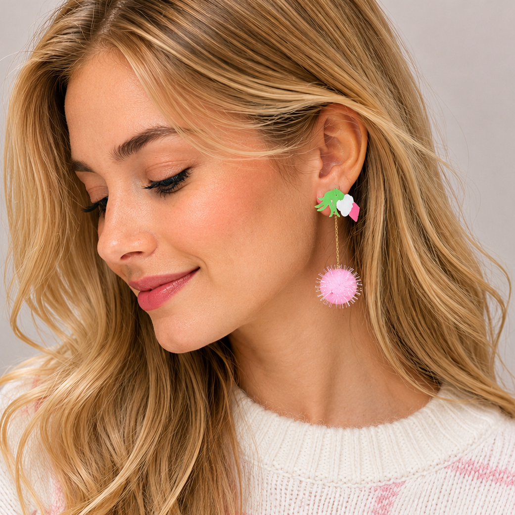 Green Monster Pom Pom Drop Earrings | Whimsical Acrylic Earrings