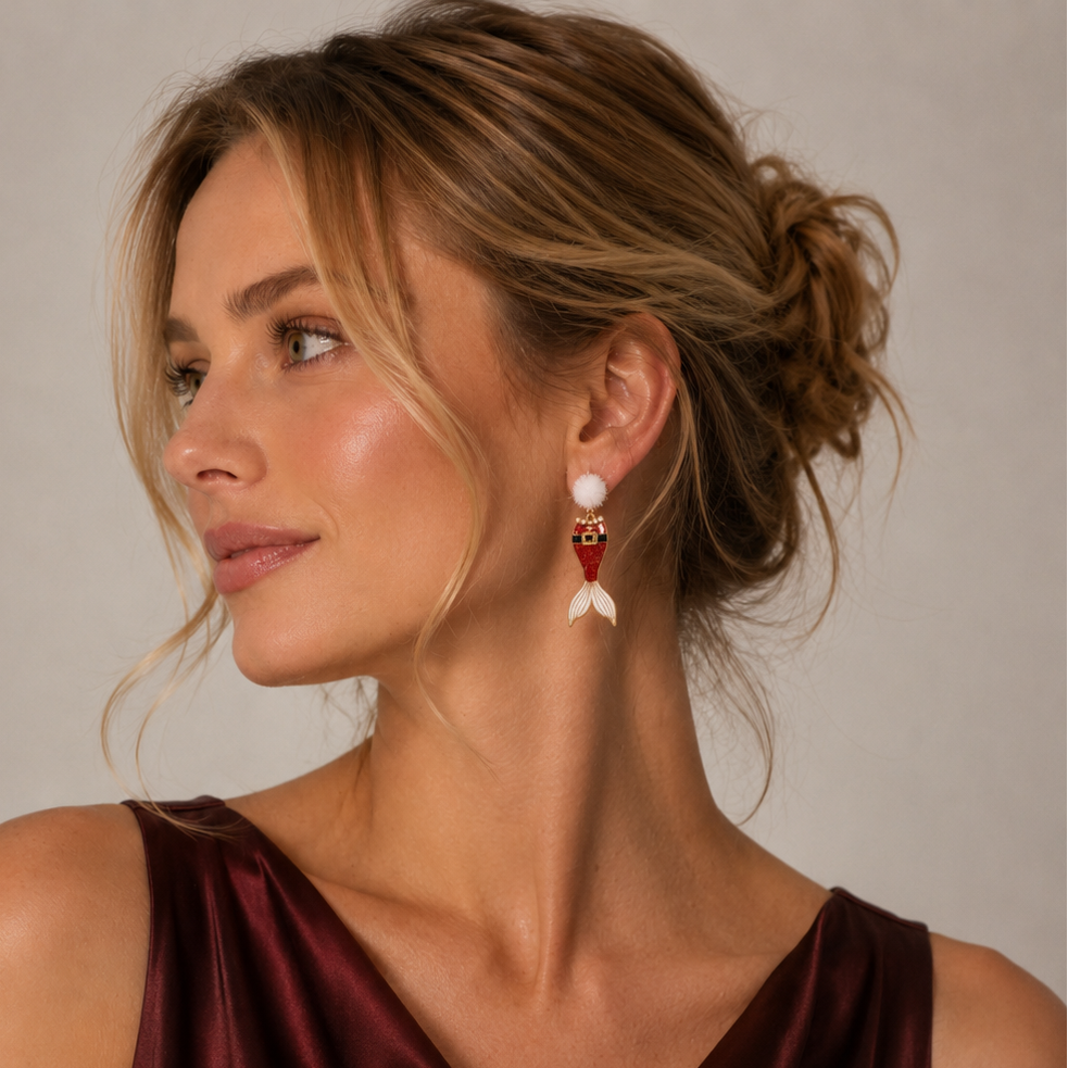 Glitter Santa Mermaid Dangle Earrings | Pom Pom Holiday Earrings