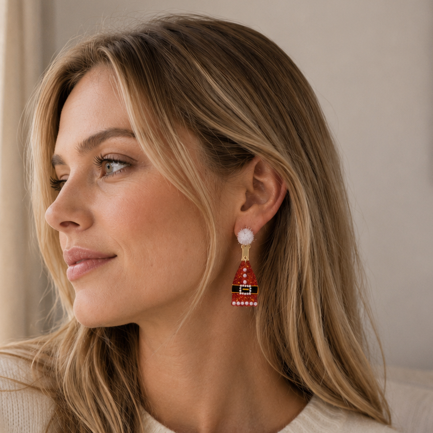Glitter Santa Coat Dangle Earrings | Pom Pom Holiday Earrings