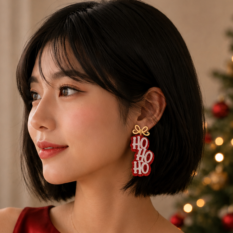 Ho Ho Ho Dangle Acetate Earrings | Glitter Holiday Earrings