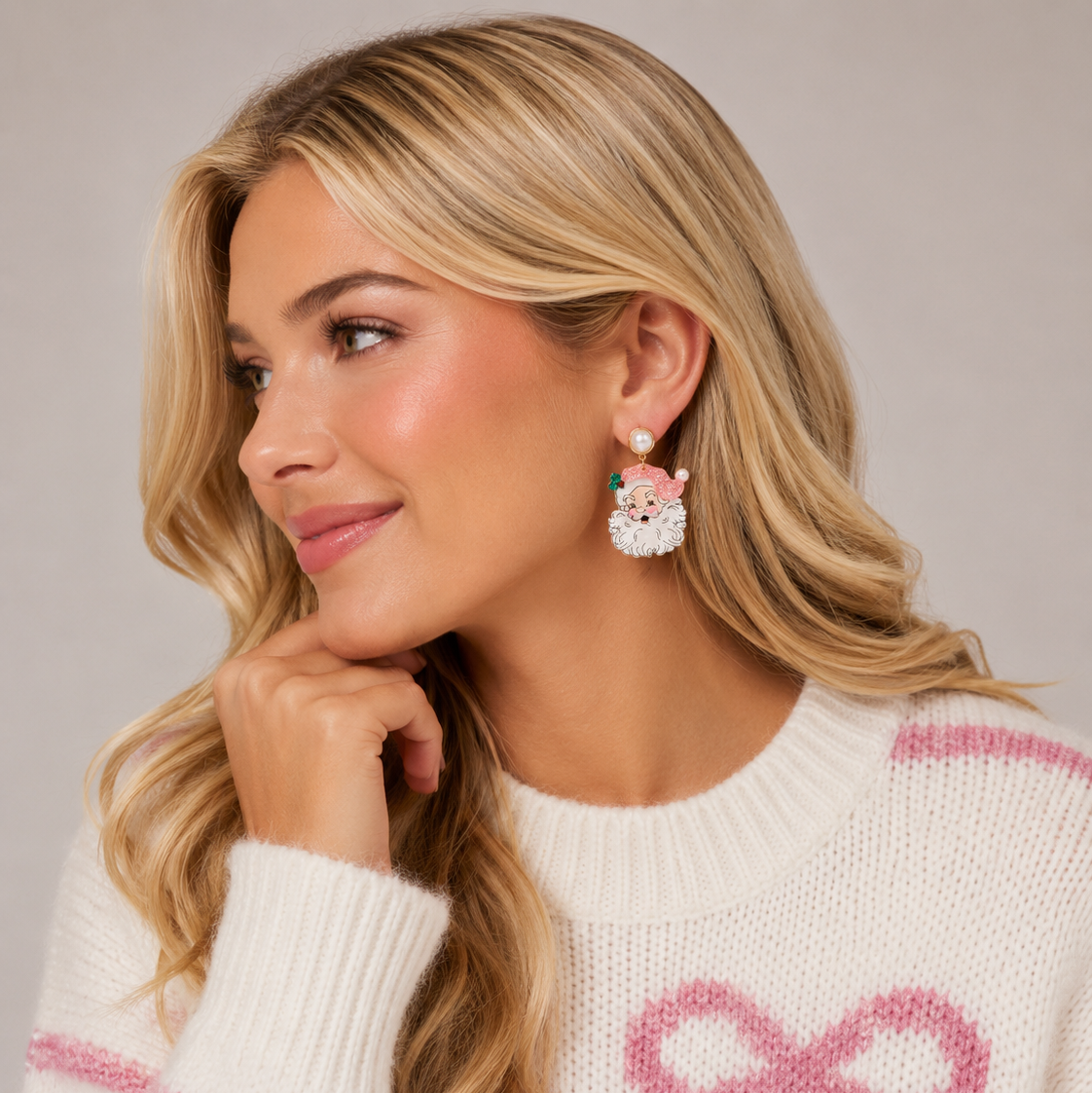 Pearl Pink Santa Face Drop Earrings | Acrylic Christmas Dangles