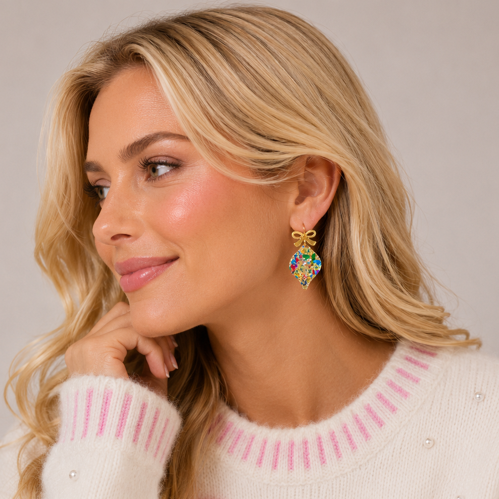 Confetti Christmas Ornament Earrings | Gold Acrylic Bow Dangles