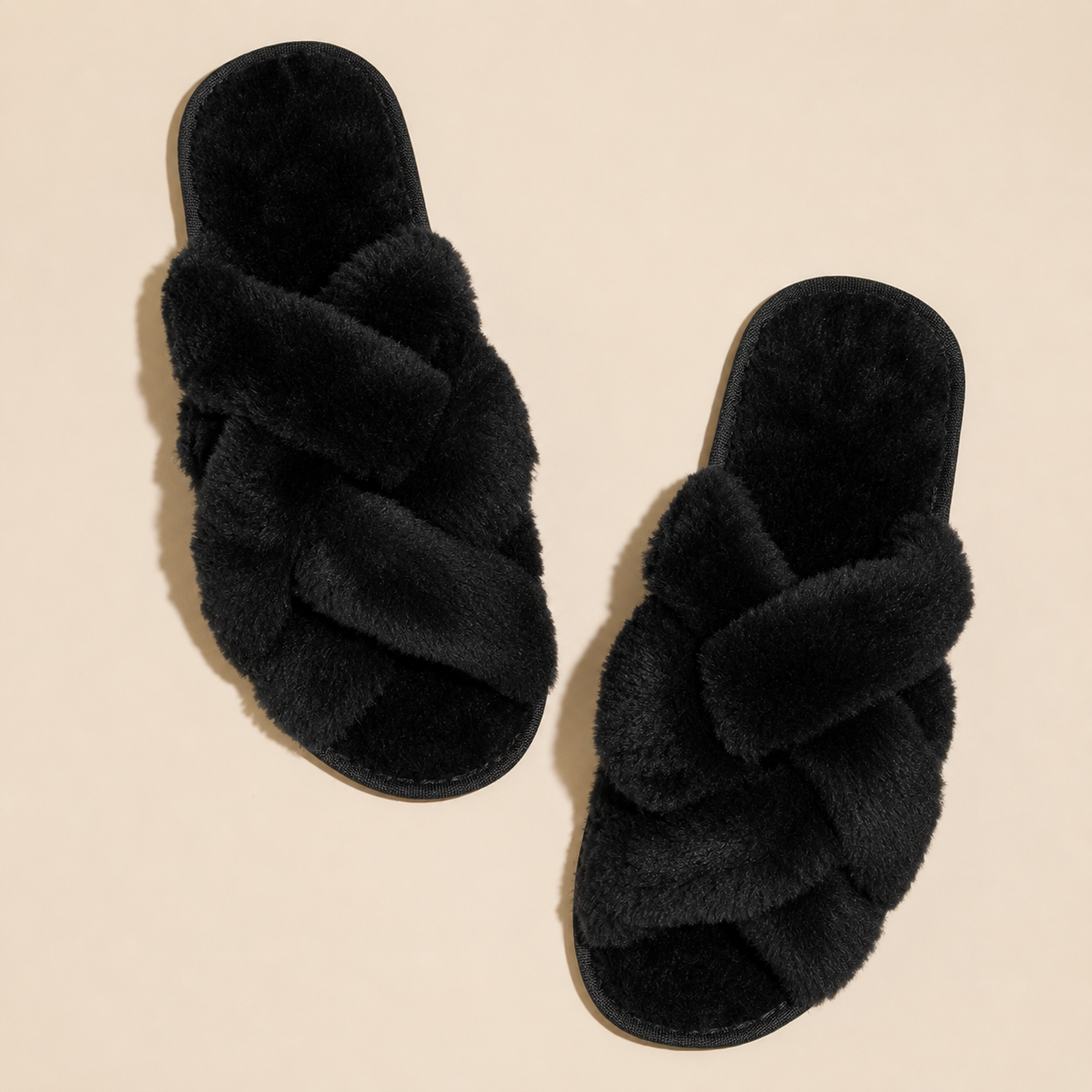Plush Faux Fur Cross Band Slippers | Cozy Open Toe House Shoes
