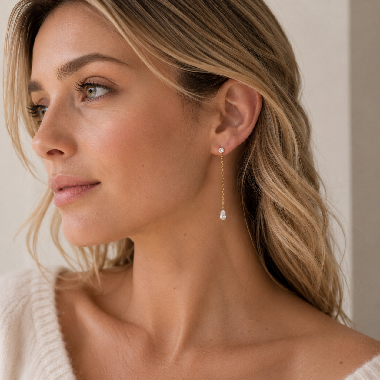 Gold Dipped CZ Drop Earrings | Teardrop Chain Dangles