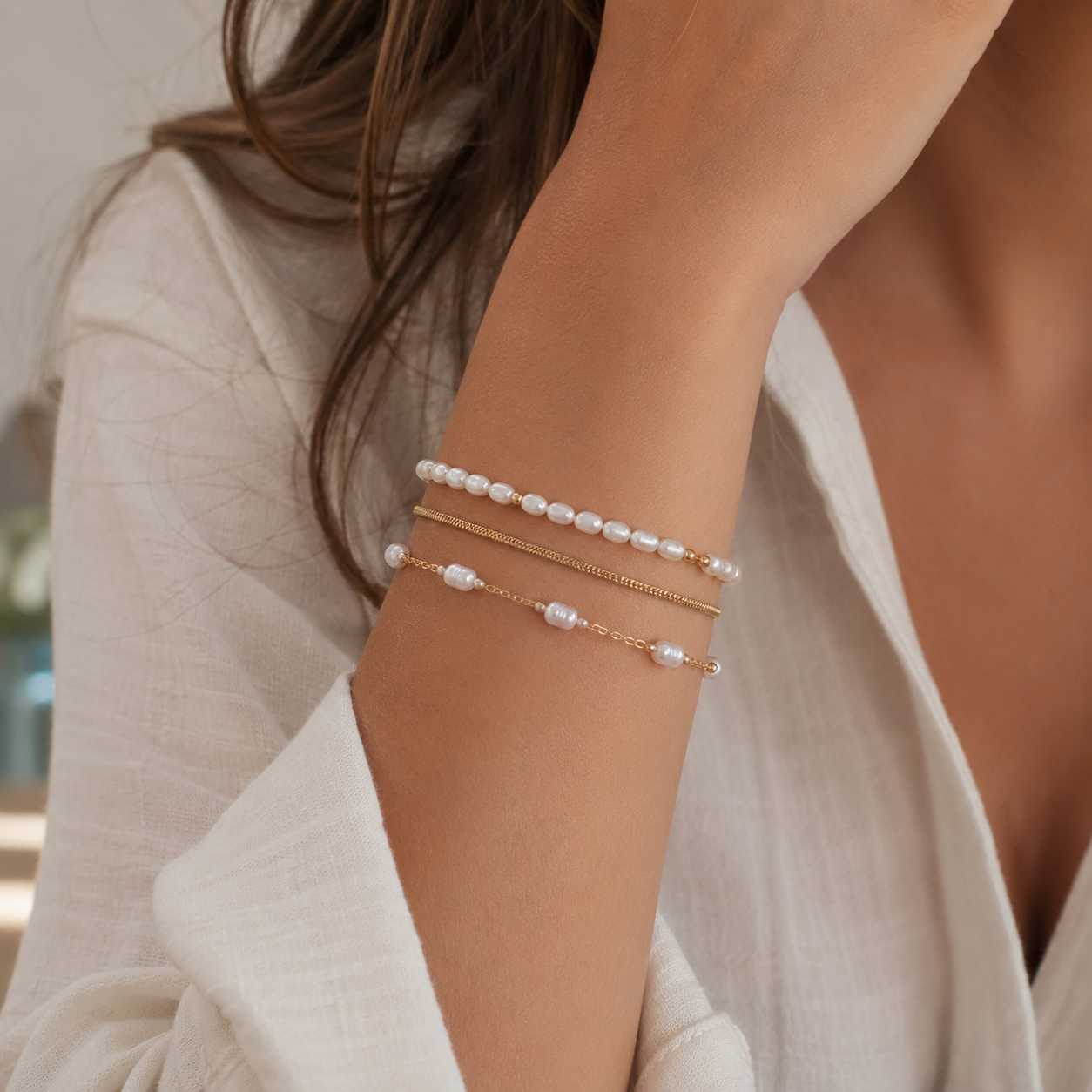 Pearl Bracelet Set | Three-Layered Bracelet Pack (Gold-Dipped & Silver Options)
