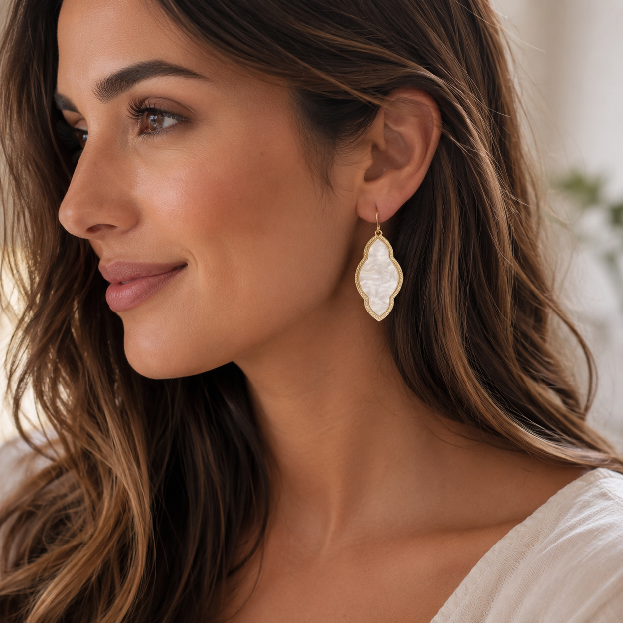 Pearlescent Resin Drop Earrings | Gold Trim Statement Earrings
