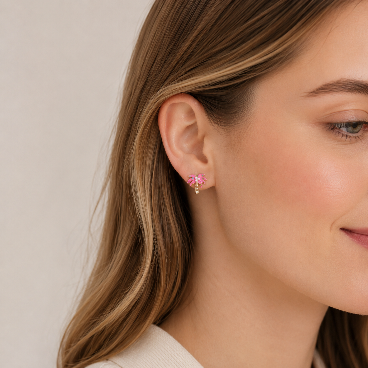 Pink Enamel Palm Tree Stud Earrings | Crystal & Pearl Tropical Earrings