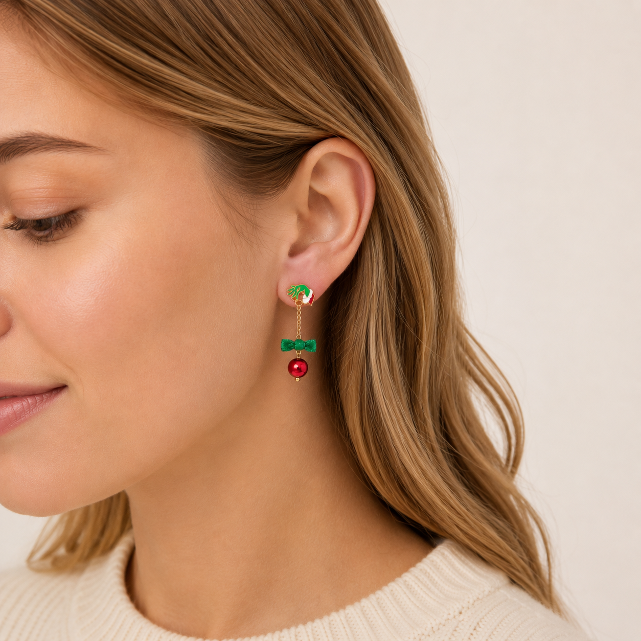 Enamel Green Monster Ornament Earrings | Christmas Bell Dangle Earrings