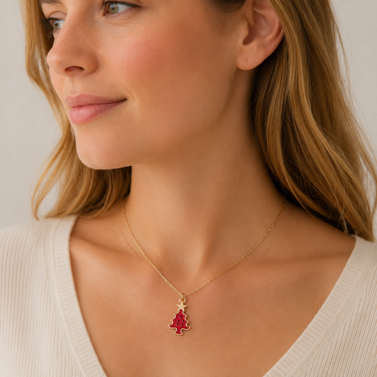 Red Christmas Tree Pendant Necklace | Holiday Charm Necklace