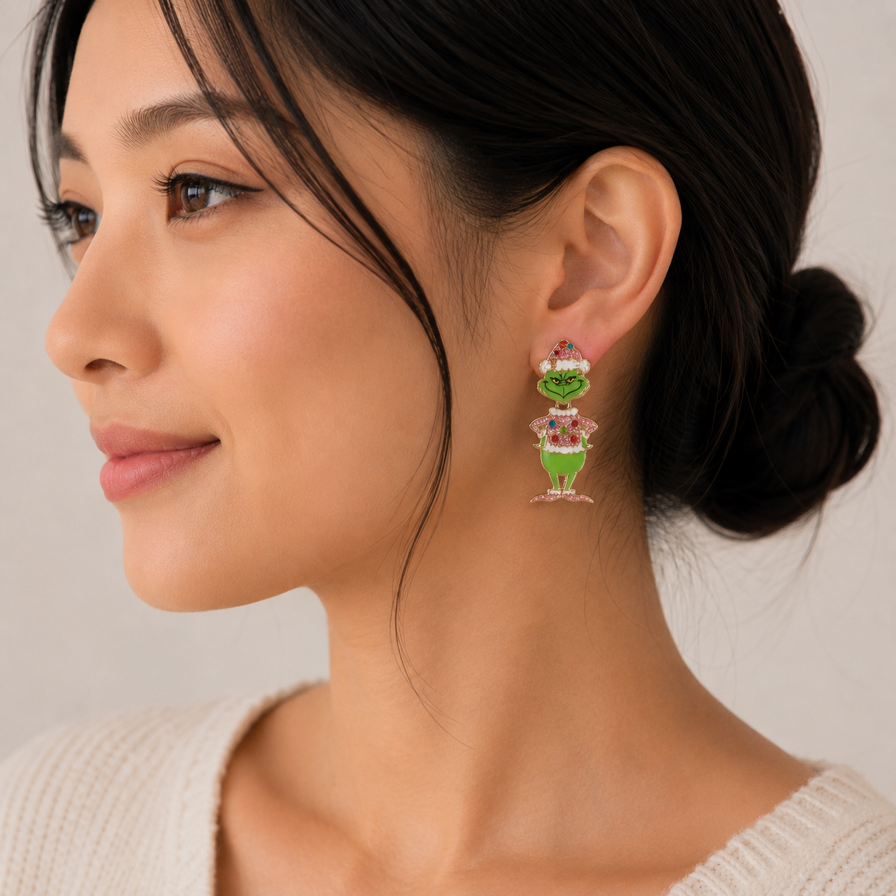 Enamel Green Monster Drop Earrings | Glitter Holiday Character