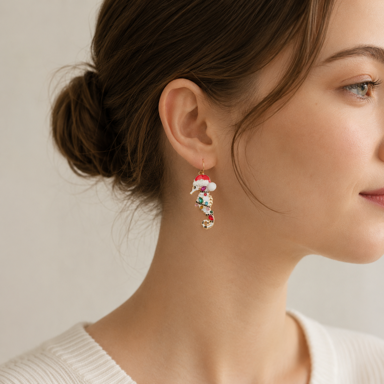 Enamel Santa Seahorse Earrings | Rhinestone Holiday Dangle Earrings