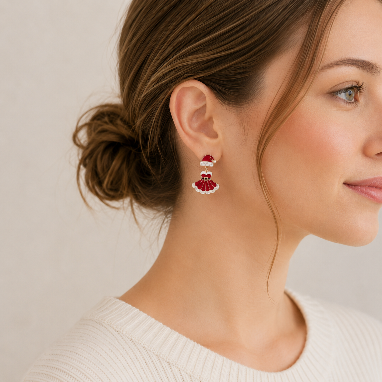 Santa Dress Dangle Earrings | Enamel & Faux Pearl Christmas Earrings