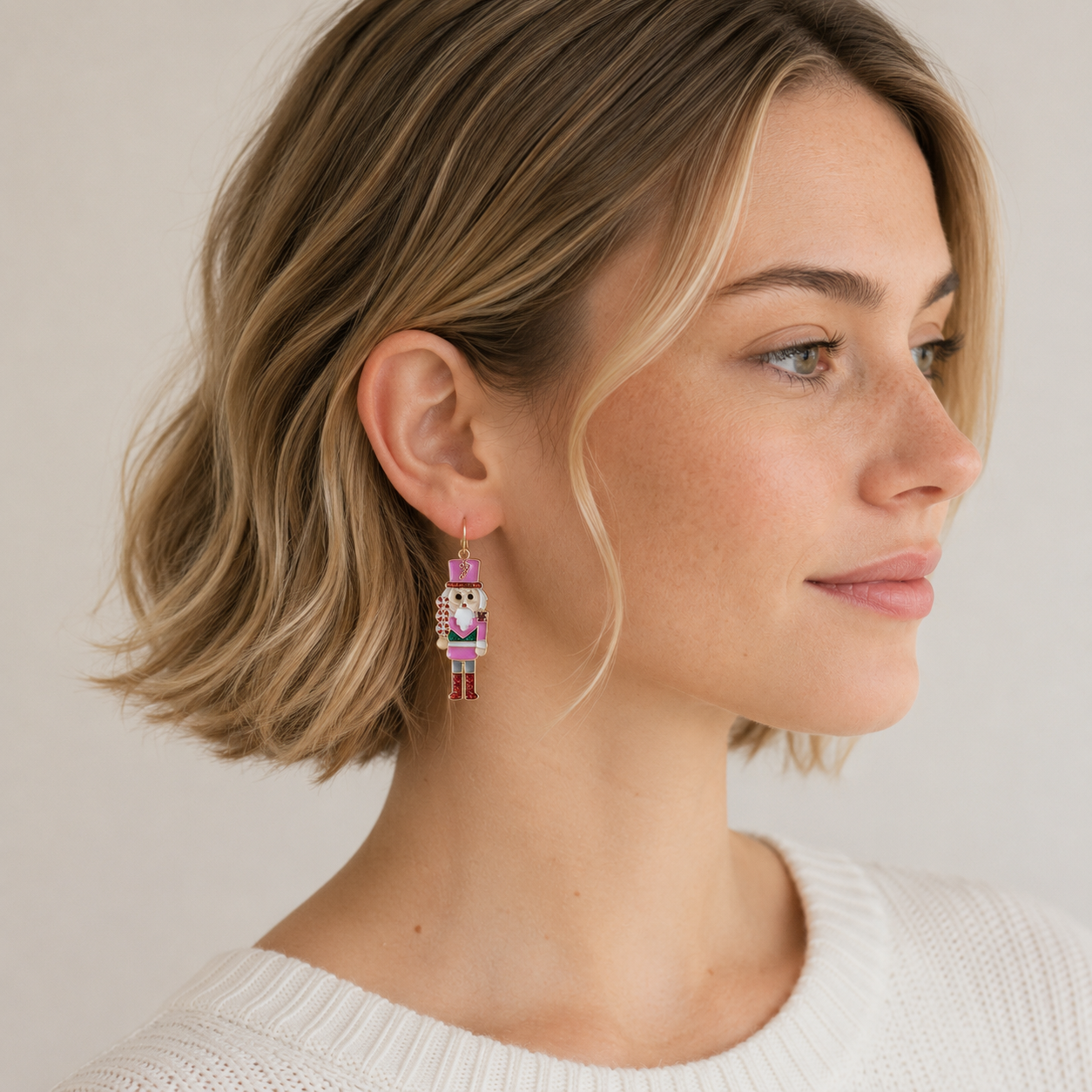 Pink Nutcracker Dangle Earrings | Glitter Enamel Christmas Earrings