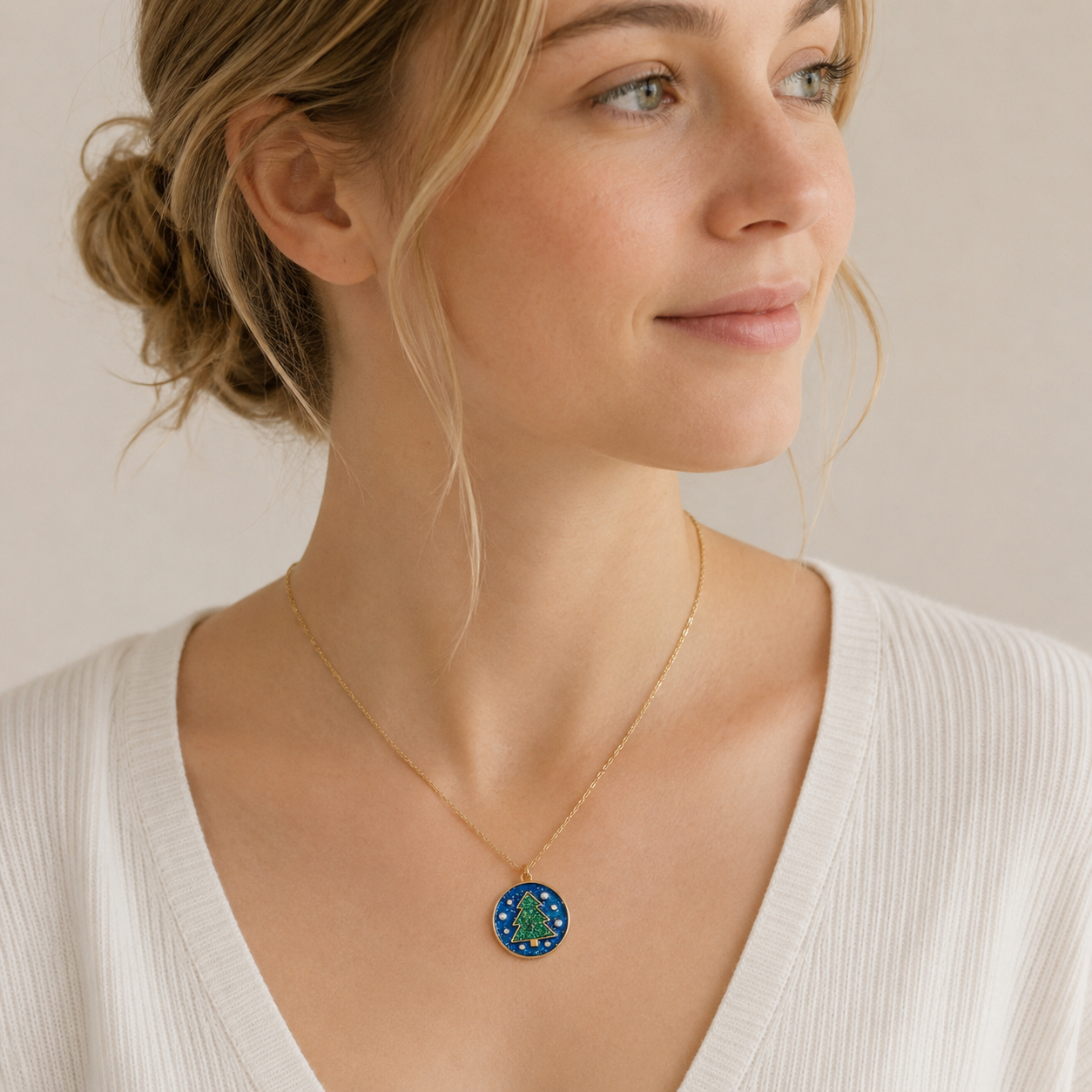 Christmas Tree Pendant Necklace | Glitter Enamel Pearl Necklace