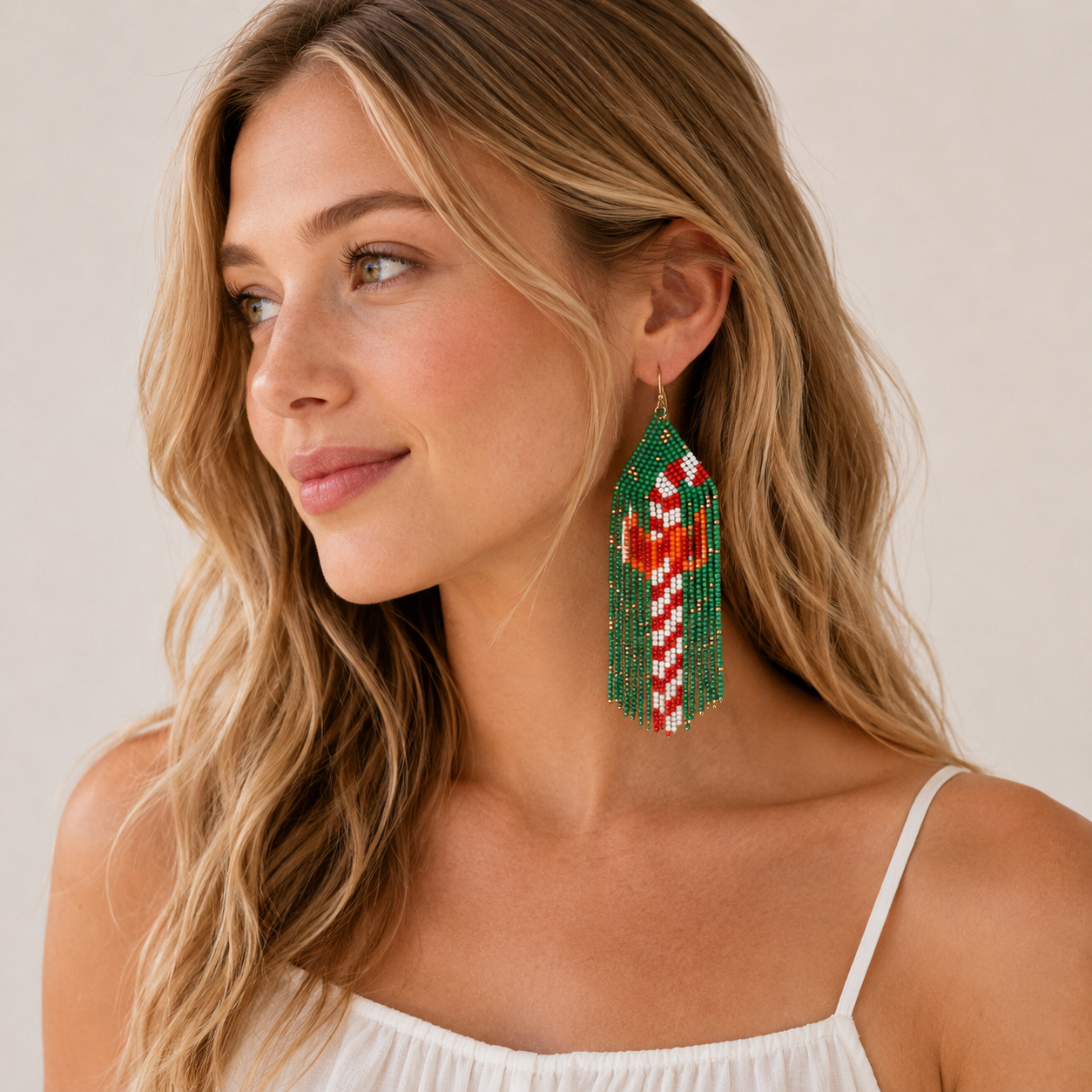 Seed Beaded Candy Cane Earrings | Holiday Tassel Statement Earrings