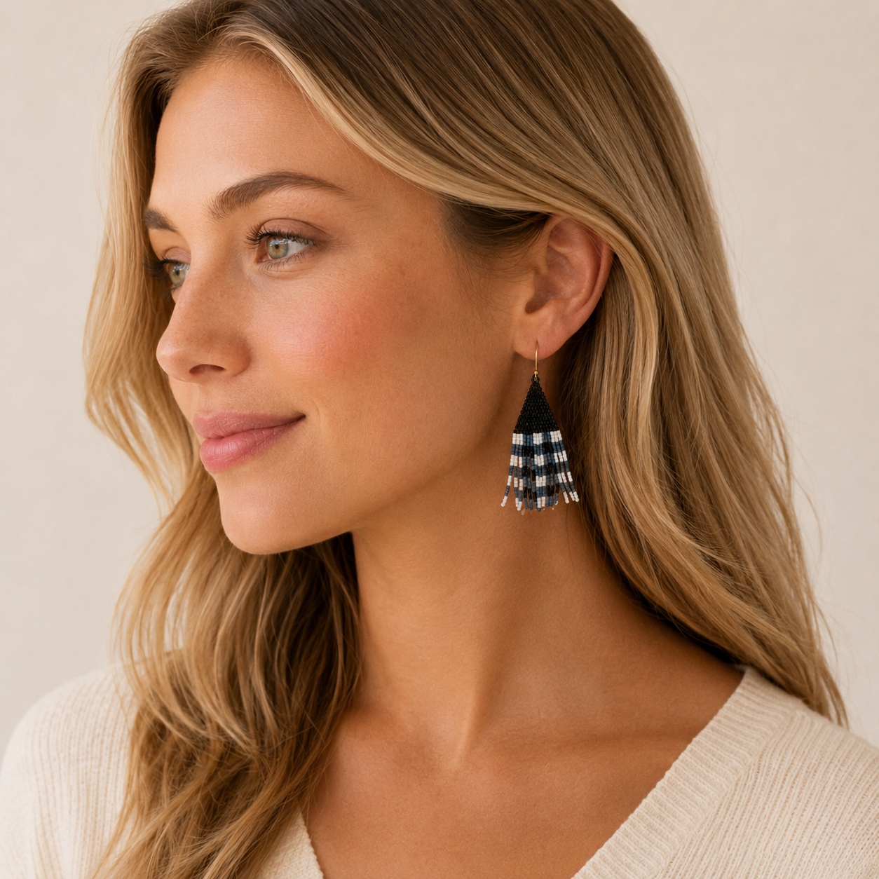 Seed Beaded Checker Fringe Earrings | Boho Statement Dangle Earrings