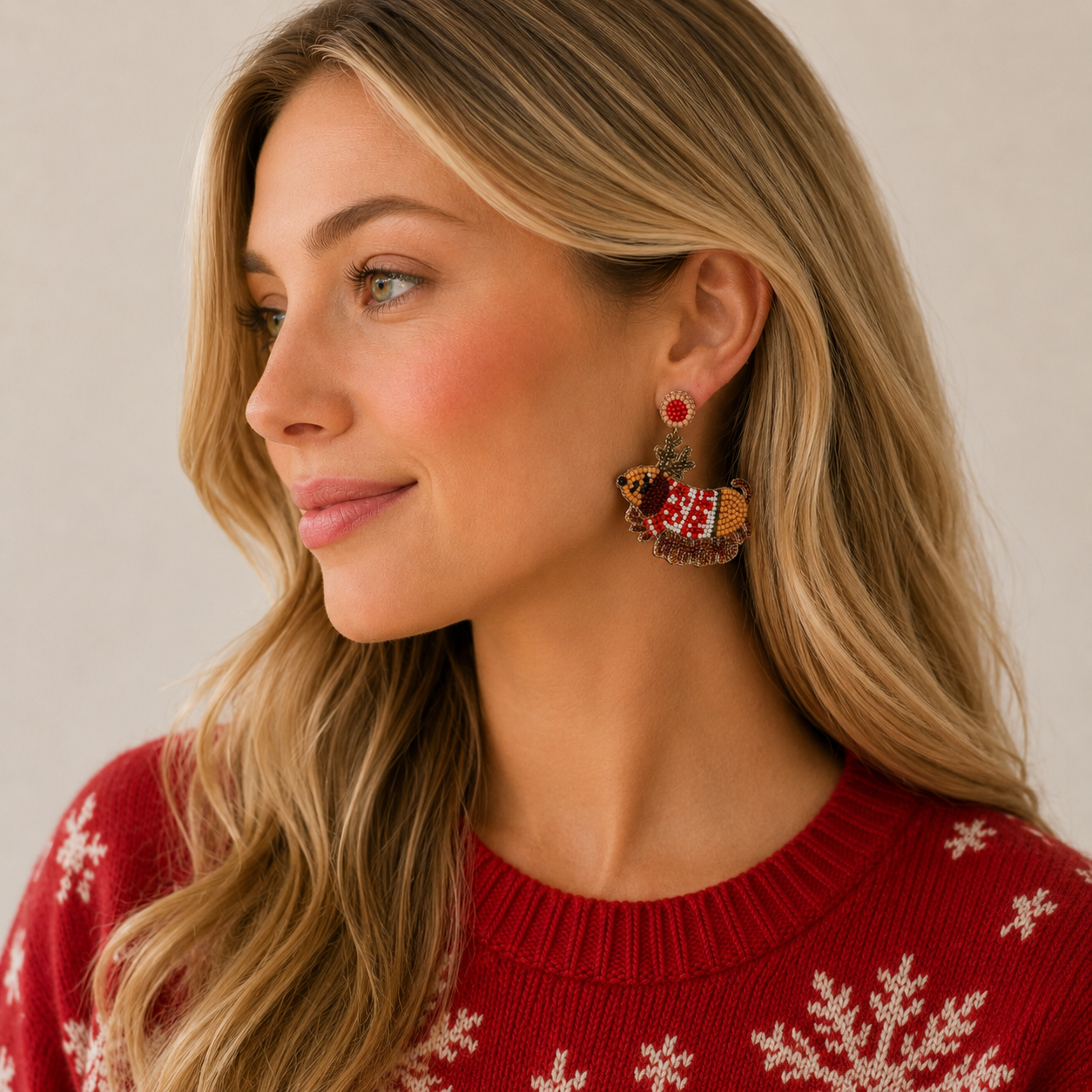 Seed Beaded Reindeer Dachshund Earrings | Christmas Statement Earrings