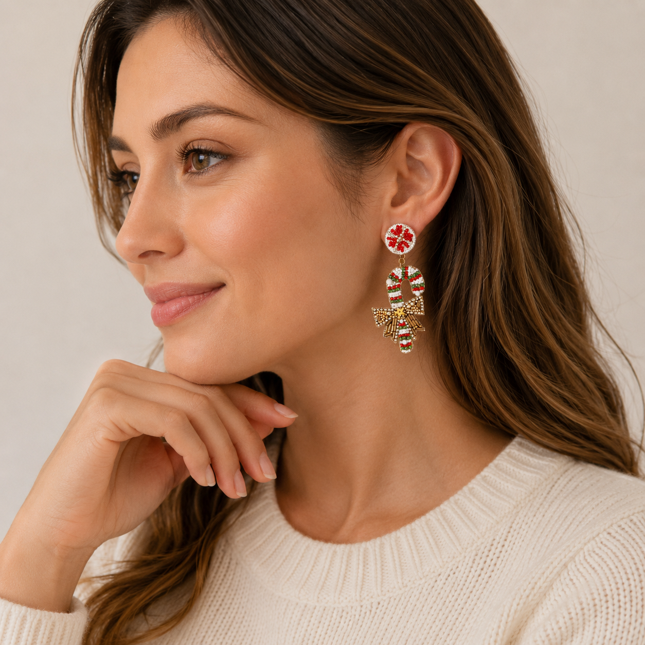 Seed Beaded Candy Cane Bow Drop Earrings | Holiday Statement Earrings
