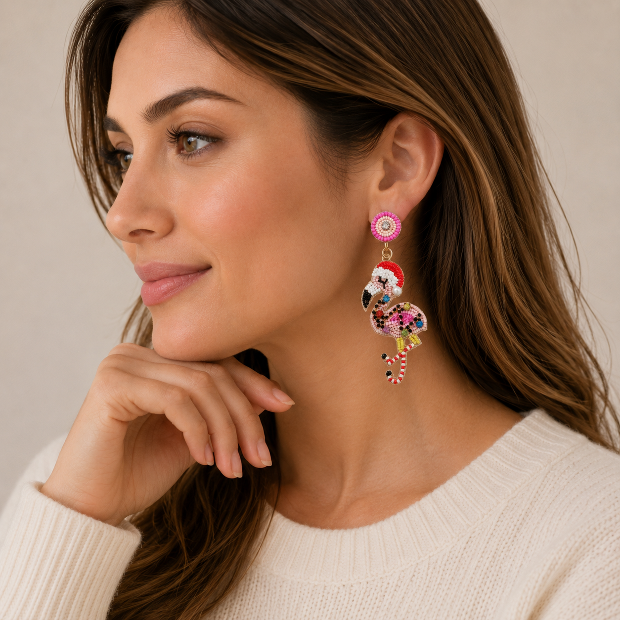 Seed Beaded Santa Flamingo Drop Earrings | Whimsical Holiday Statement Earrings