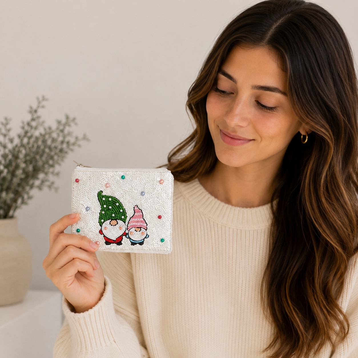 Seed Beaded Gnome Coin Pouch | Holiday Christmas Pouch