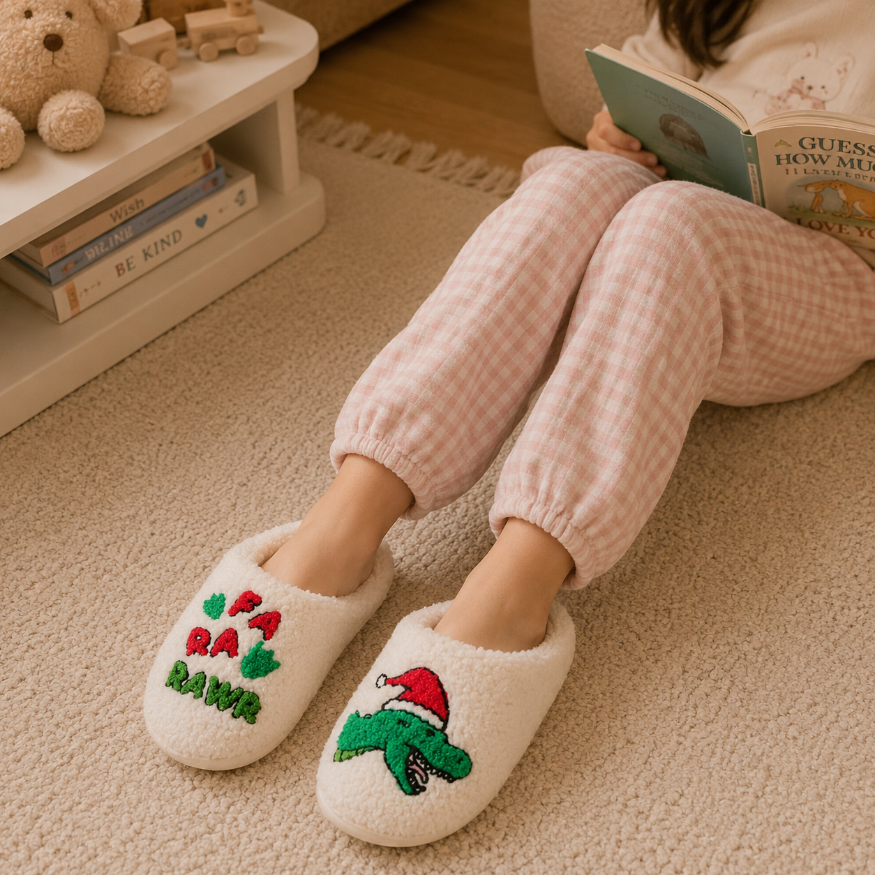 Kids Sherpa Dinosaur Christmas Slippers | Individual Sizes Available