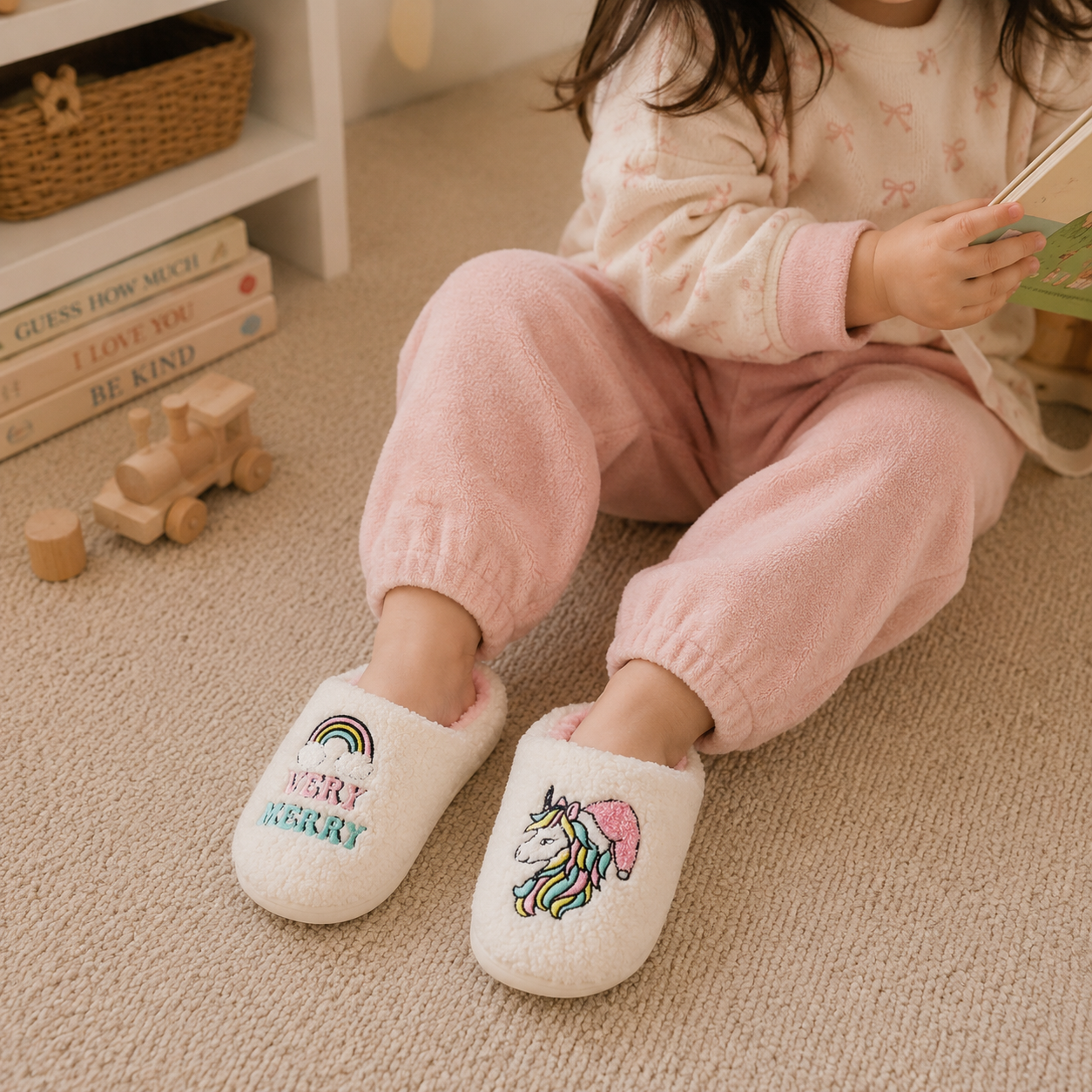 Kids Sherpa Merry Unicorn Slippers | Rainbow Holiday House Shoes