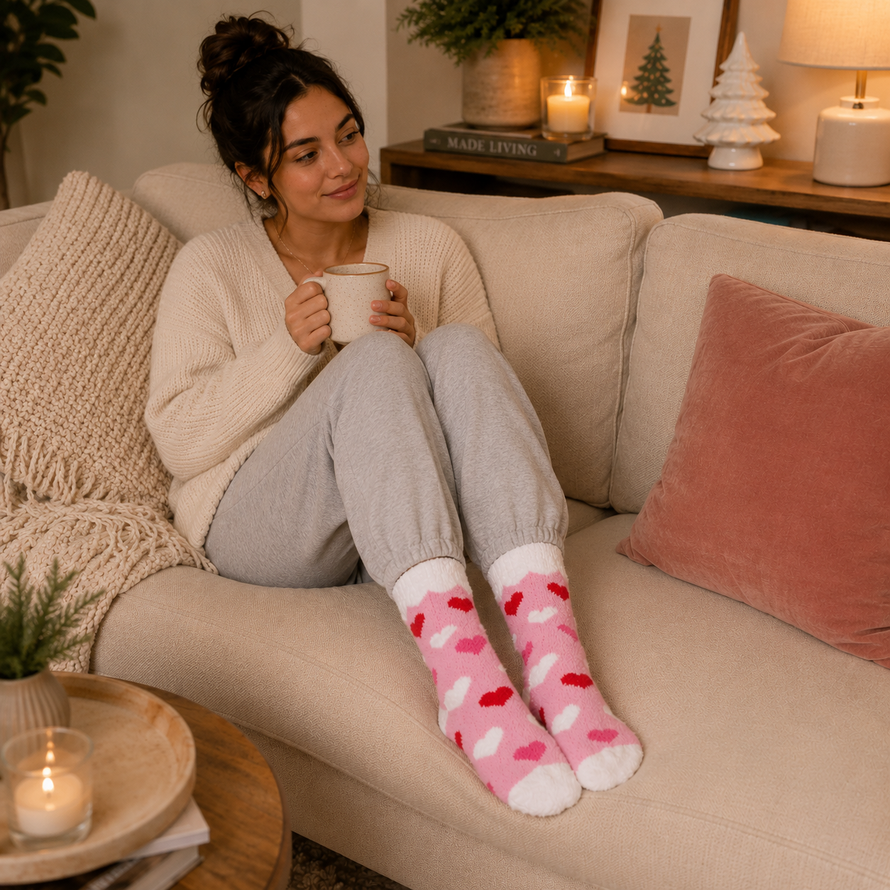 Fuzzy Heart Pattern Crew Socks | Assorted 4-Pair Gift Set