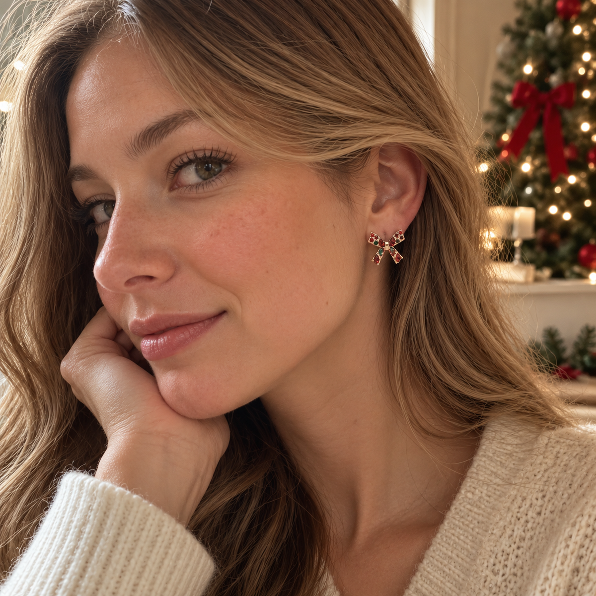 Christmas Bow Ribbon Rhinestone Earrings